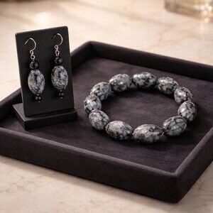 Amazonite Beaded Black and Dark Gray Bracelet and Earring Set - New